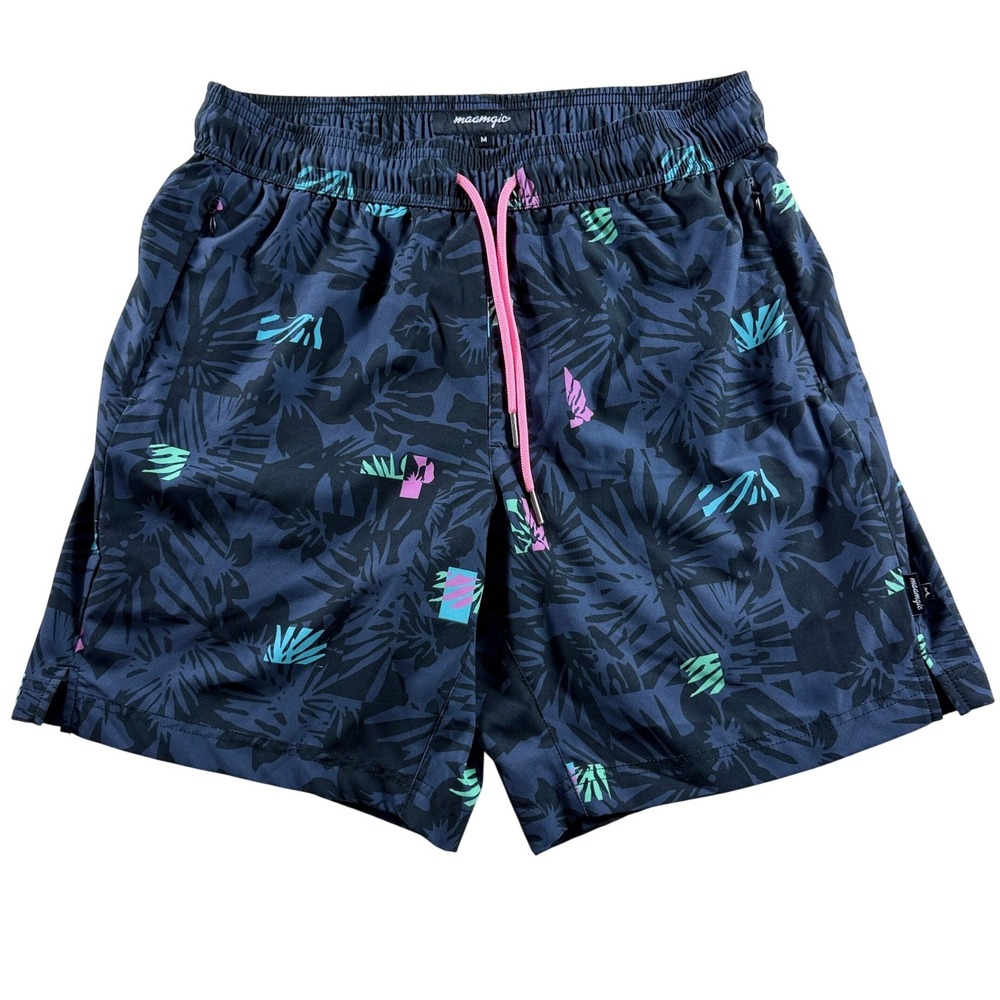 Maamgic Mens Swim Trunks Navy Tropical Palm Print Compression Liner Size M 7.5in